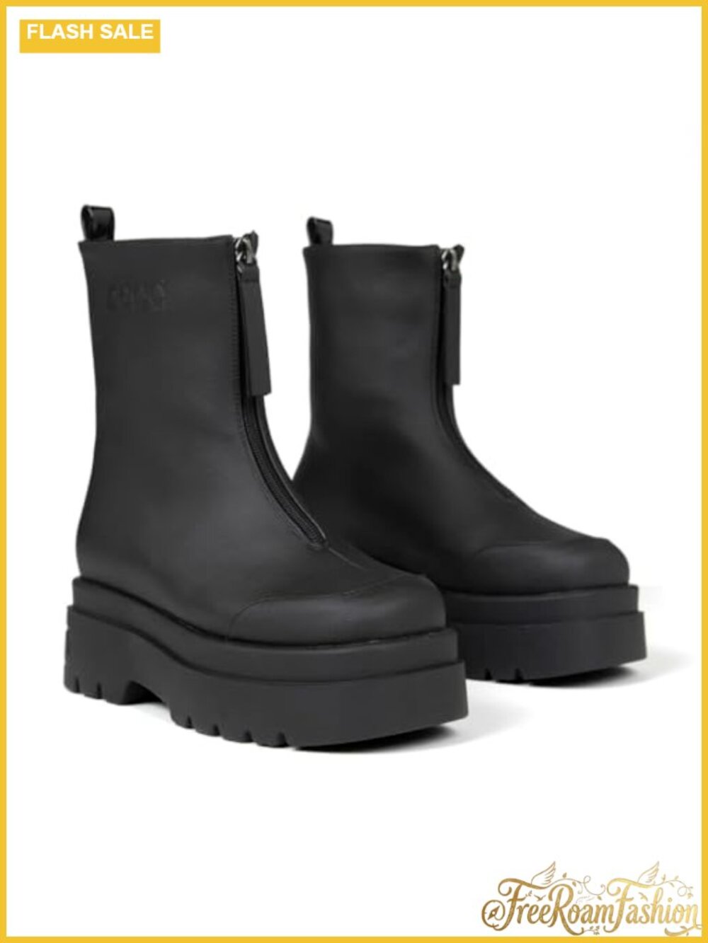 Platform Ankle Boots Vegan Grape Leather Chunky Front Zipper Combat Boots